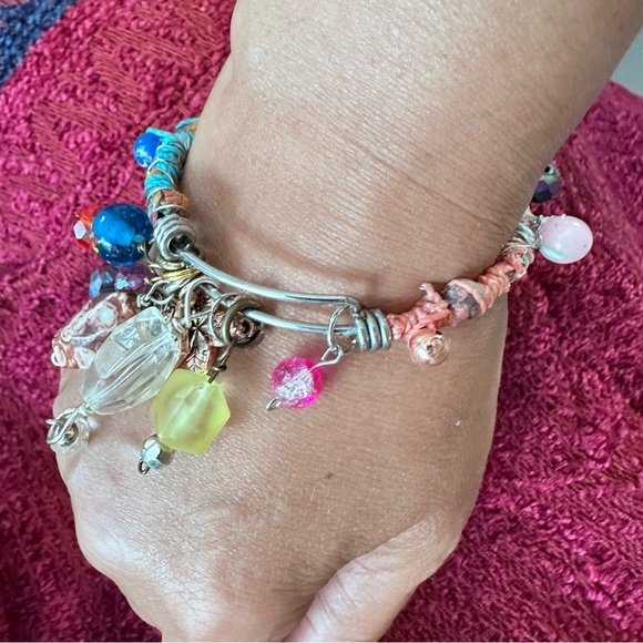 Handmade charm bracelet beaded Assemblage Bangle Thrashed Trashed Fabric shreds - Picture 3 of 14